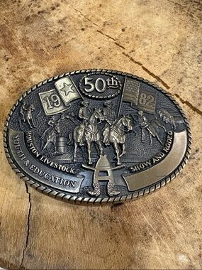 VINTAGE 1982 Oval Western Brass Belt Buckle. Houston 50th Livestock Show & Rodeo